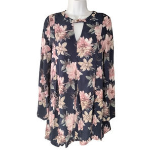 Blu Pepper Tunic Dress Womens Medium Blue Floral Pink Flowers Keyhole Boho